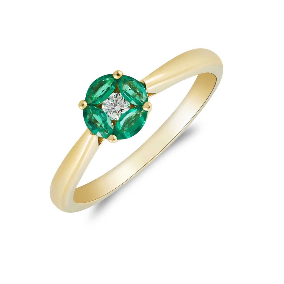 18CT YG MARQUISE EMERALD & ROUND DIAMOND CLUSTER RING. TAPERED SHANK