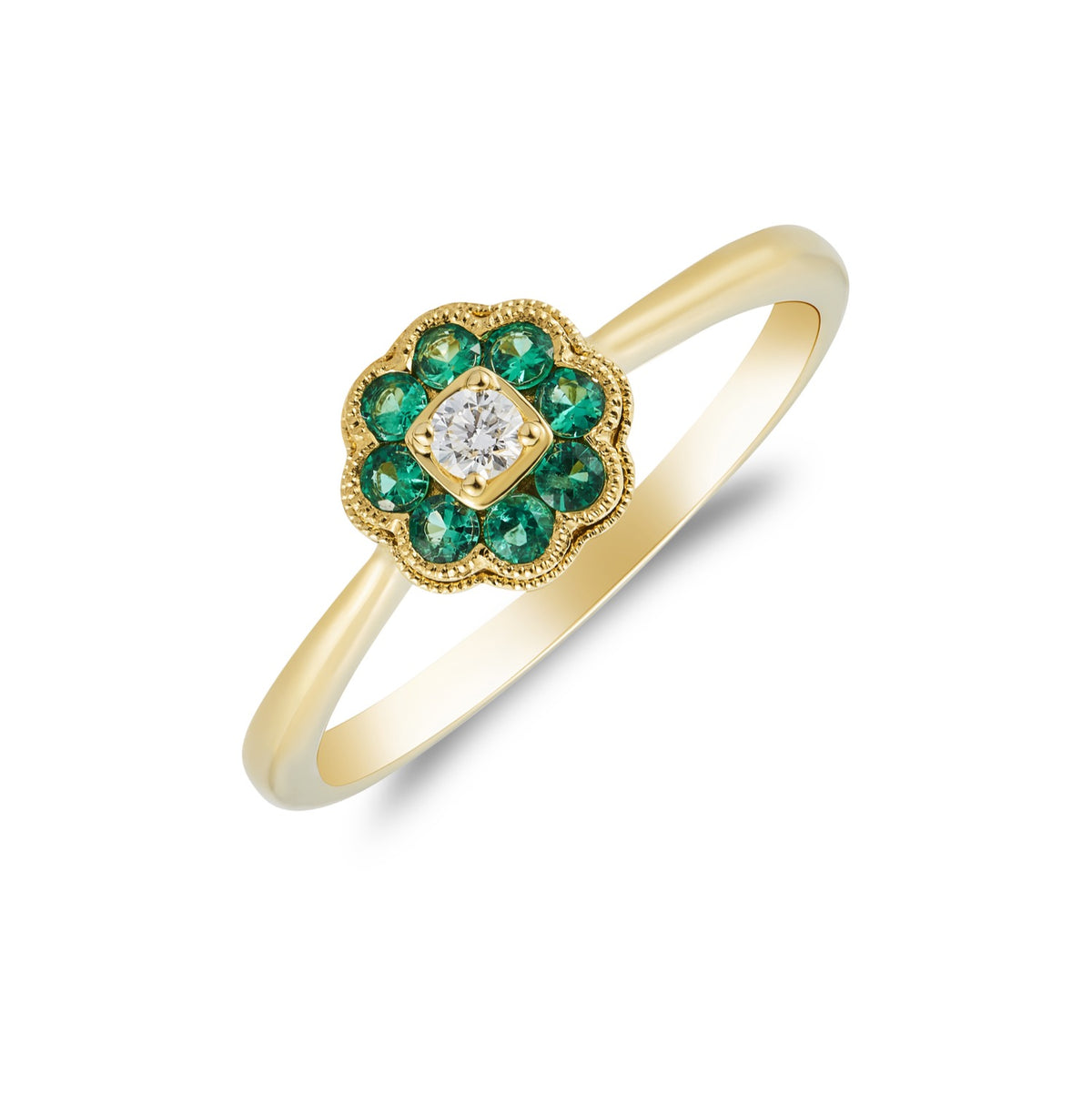 18CT YG ROUND EMERALD & DIAMOND MILLEGRAIN EDGE CLUSTER RING