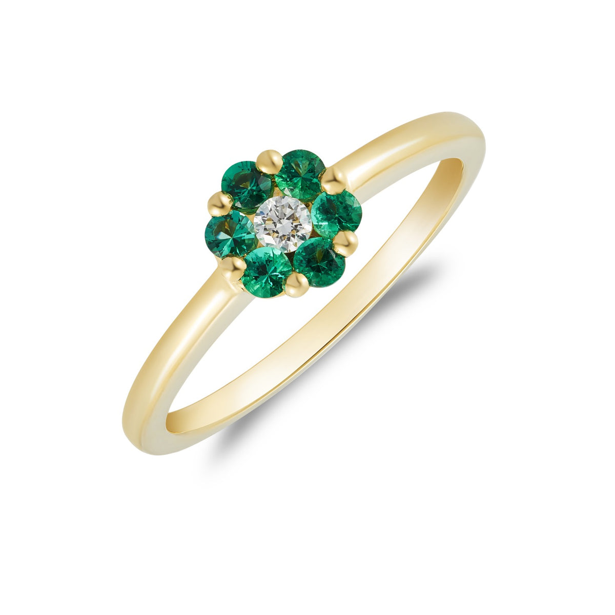 18CT YG ROUND EMERALD AND DIAMOND REVERSE CLUSTER RING