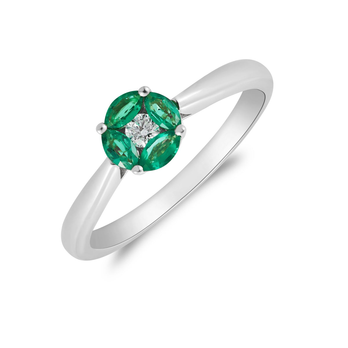 18CT WG MARQUISE EMERALD & ROUND DIAMOND CLUSTER RING. TAPERED SHANK