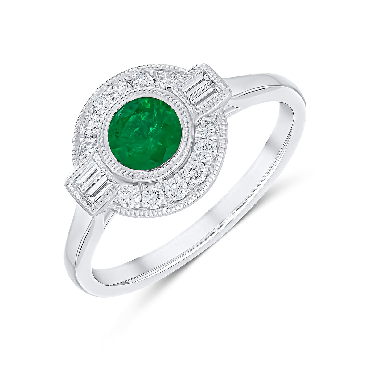 18CT WG ROUND EMERALD, BAGUETTE AND ROUND DIAMOND MILLEGRAIN CLUSTER RING