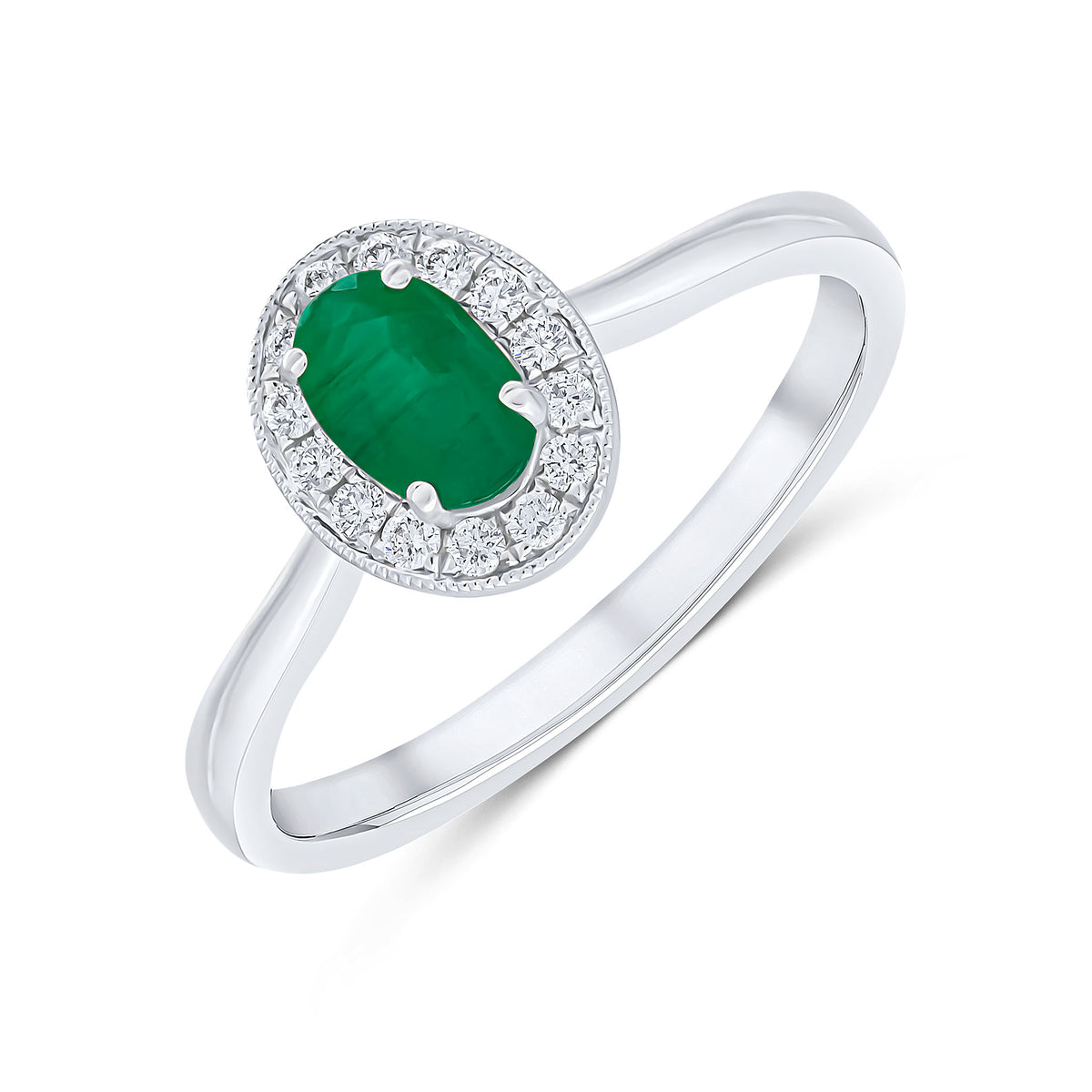 18CT WG CLAW SET 6X4 OVAL EMERALD AND MILLEGRAIN DIAMOND CLUSTER RING