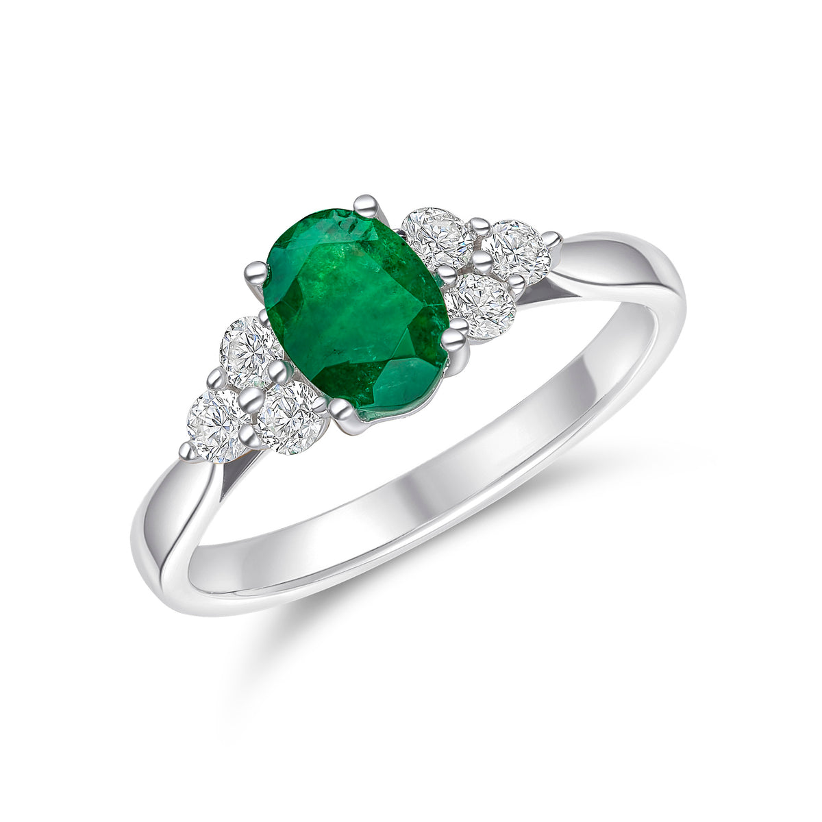 18WG OVAL EMERALD & ROUND DIAMOND TREFOIL RING