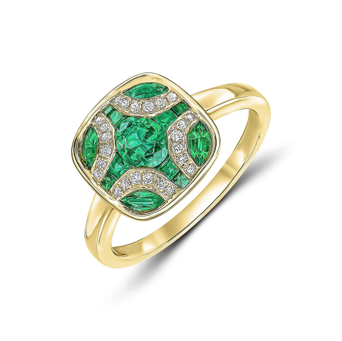 18CT YG EMERALD & DIAMOND SHIELD RING WITH PLAIN SHANK