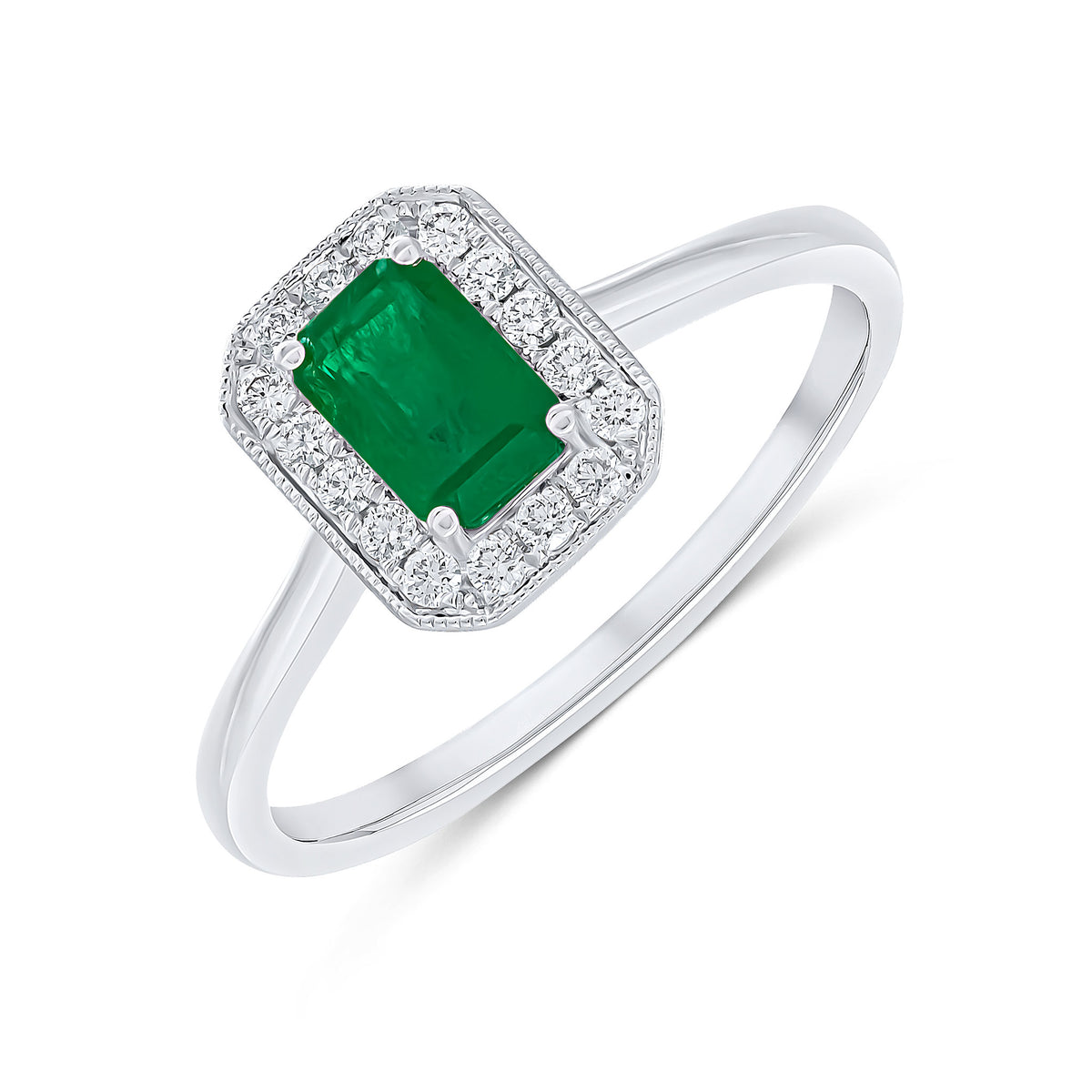 18CT WG CLAW SET 6X4 OCTAGON EMERALD AND MILLEGRAIN DIAMOND CLUSTER RING