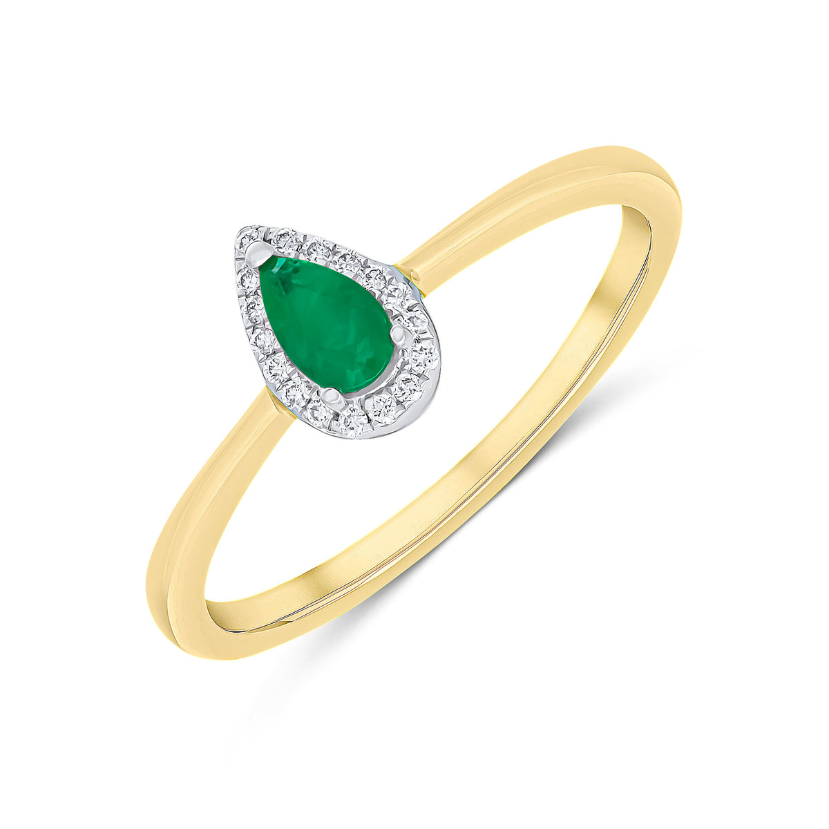 18CT YELLOW AND WHITE GOLD PEARSHAPE EMERALD AND ROUND DIAMOND CLAW CLUSTER RING