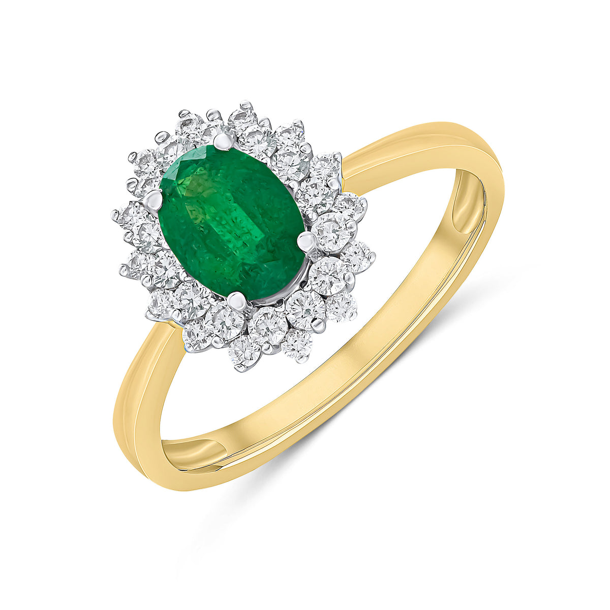 18CT YWG 7X5 OVAL EMERALD & DIAMOND CLAW SET CLUSTER RING