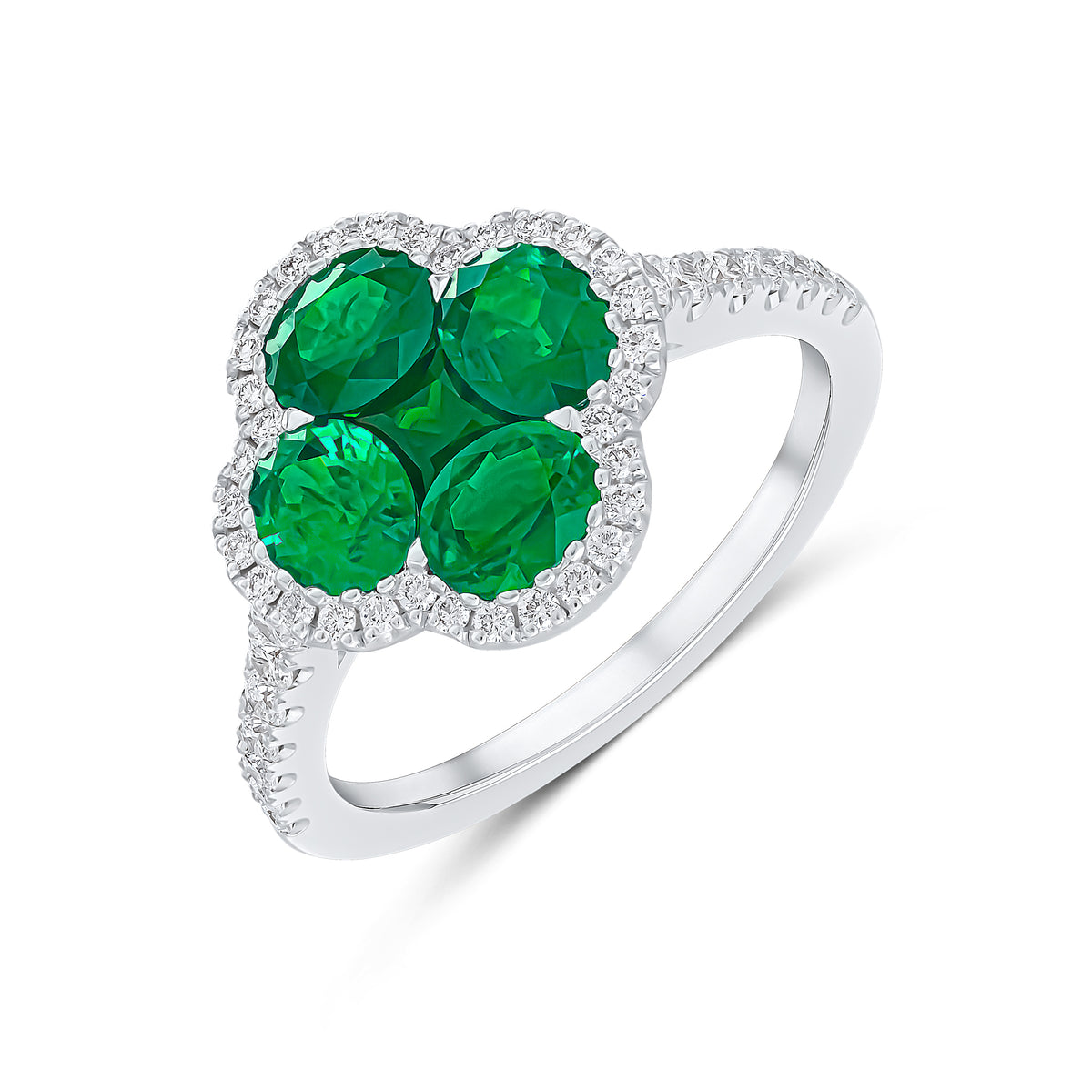 18CT WG EMERALD & DIAMOND QUATREFOIL CLUSTER RING WITH DIAMOND SET SHOULDERS