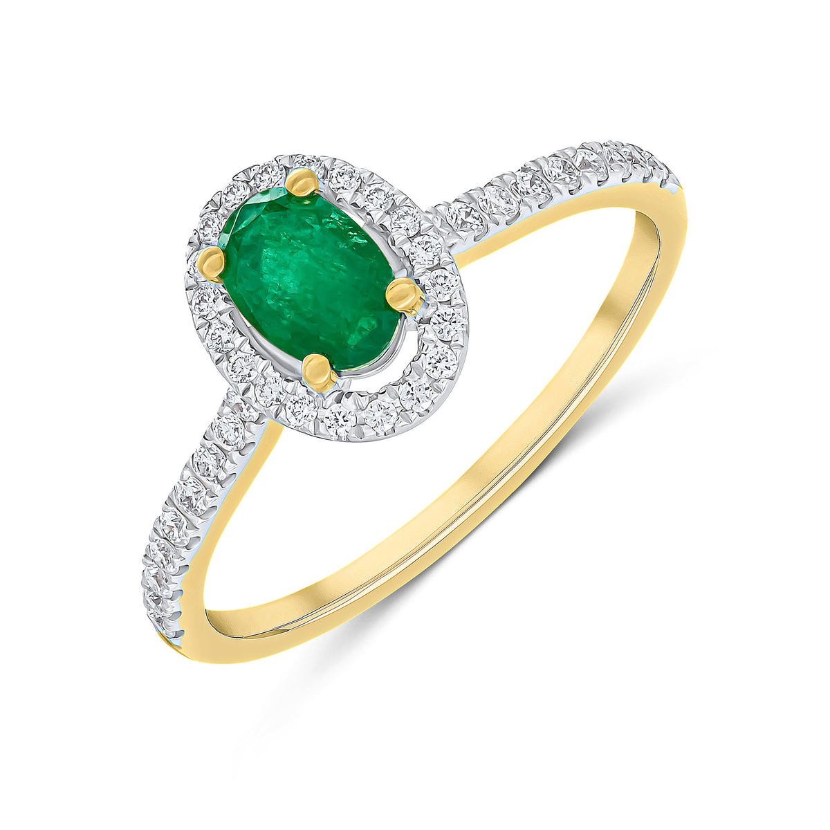 18CT YELLOW GOLD OVAL EMERALD AND DIAMOND HALO CLUSTER RING WITH DIAMOND SET SHOULDERS AND RHODIUM TO DIAMONDS