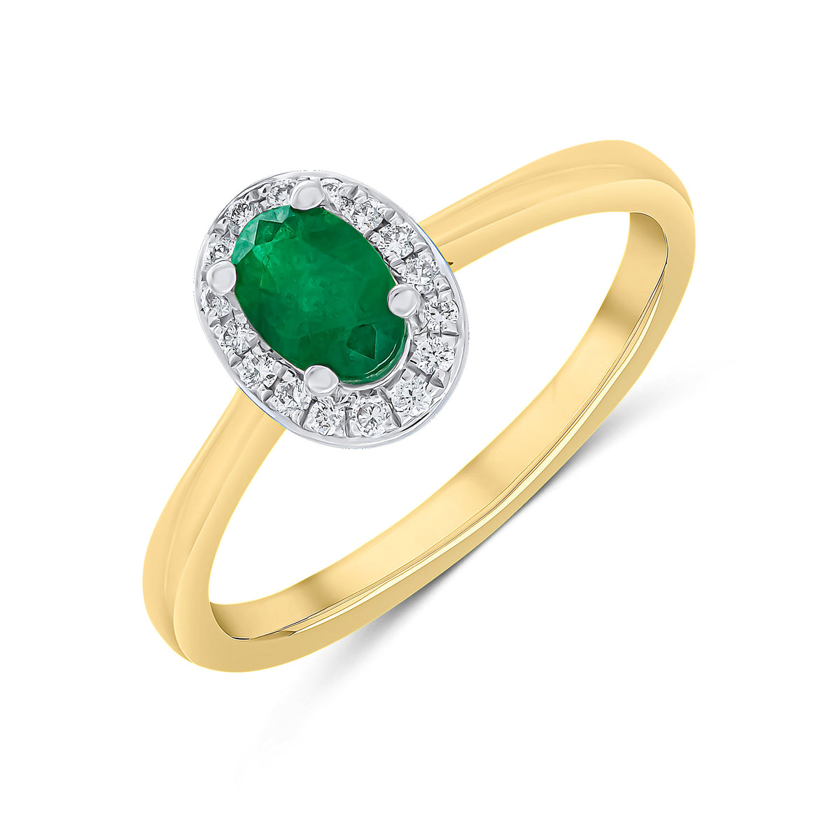 18CT YELLOW AND WHITE GOLD 6X4 OVAL EMERALD AND ROUND DIAMOND CLAW SET CLUSTER RING