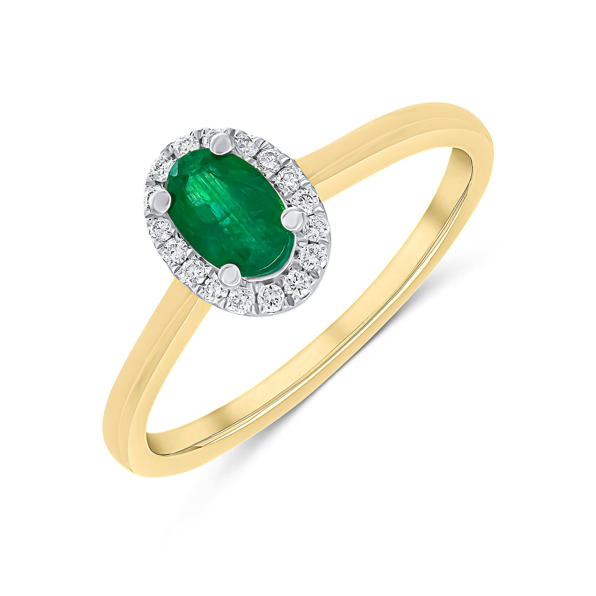 18CT YELLOW AND WHITE GOLD OVAL EMERALD AND ROUND DIAMOND CLAW SET CLUSTER RING
