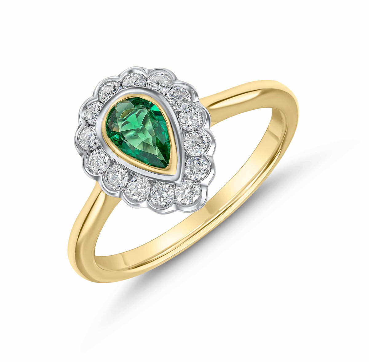 18CT YWG PEARSHAPE EMERALD AND ROUND DIAMOND RUBOVER CLUSTER RING