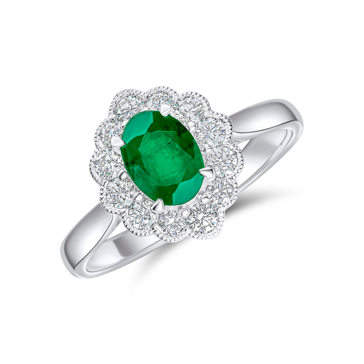 18CT WG 7X5 OVAL EMERALD AN DIAMOND MILLEGRAIN CLUSTER RING