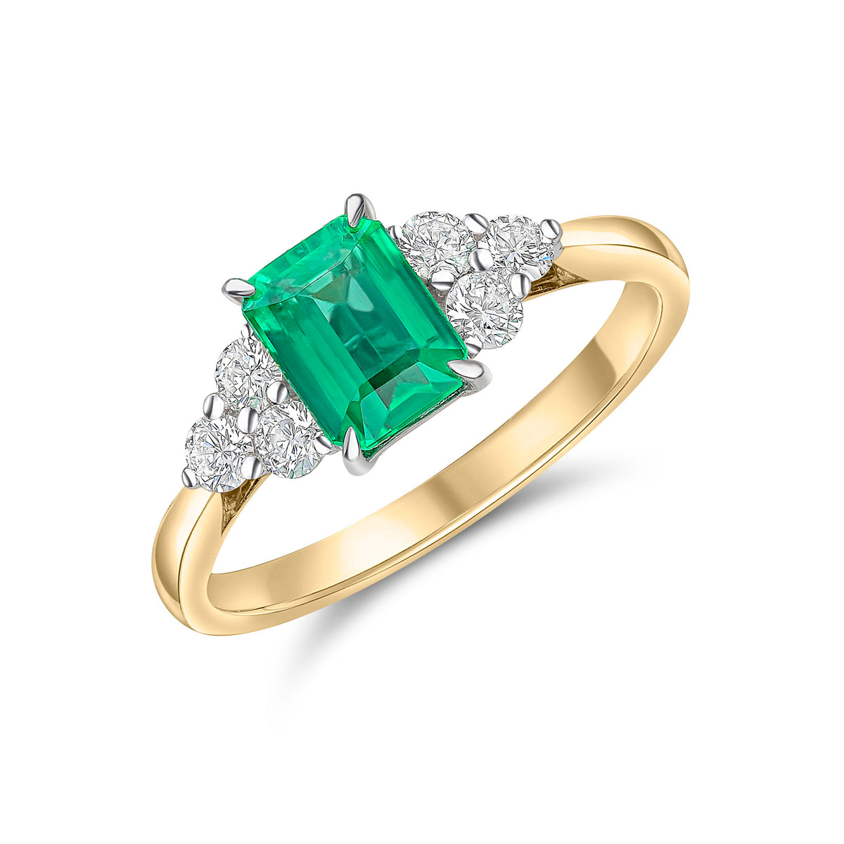 18CT YWG 7X5 OCTAGON EMERALD AND ROUND DIAMOND TREFOIL SHOULDERS RING