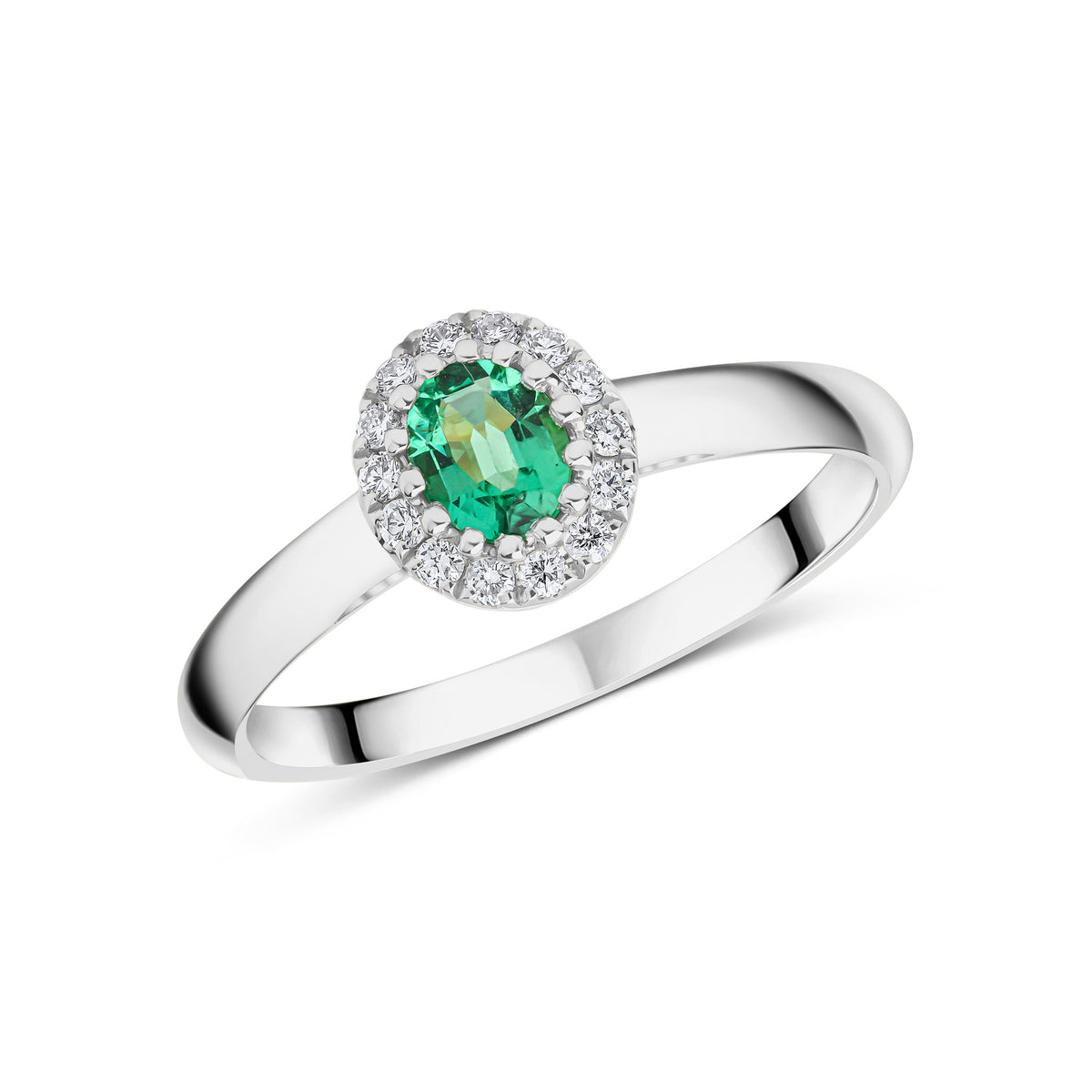 18CT WG 5X4 OVAL EMERALD & DIAMOND CLAW CLUSTER RING