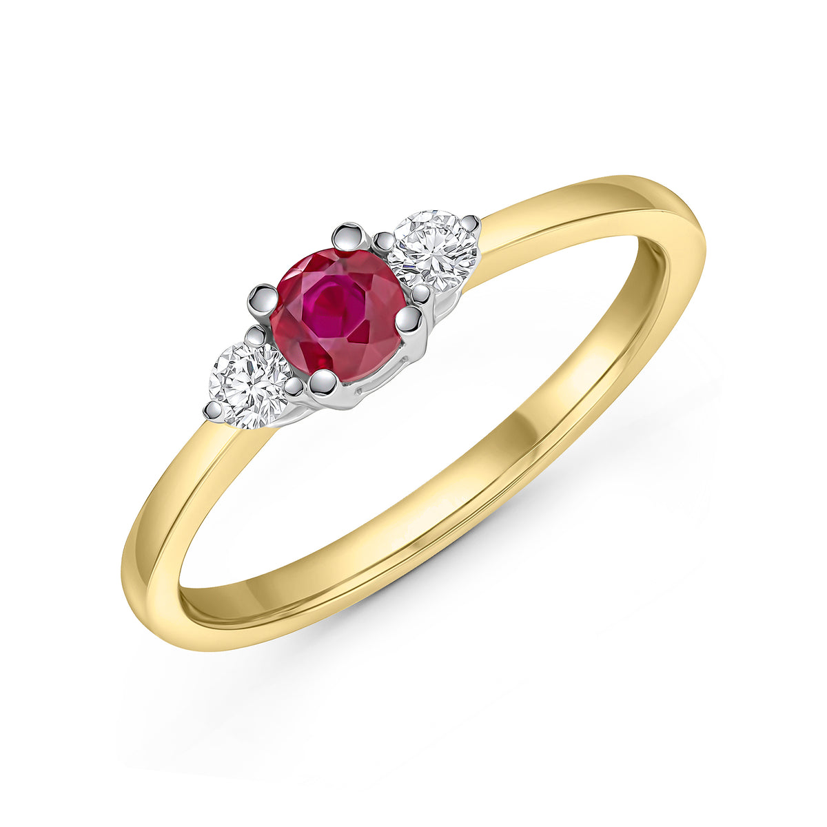 18CT YWG 4MM ROUND RUBY AND DIAMOND CLAW SET 3ST RING