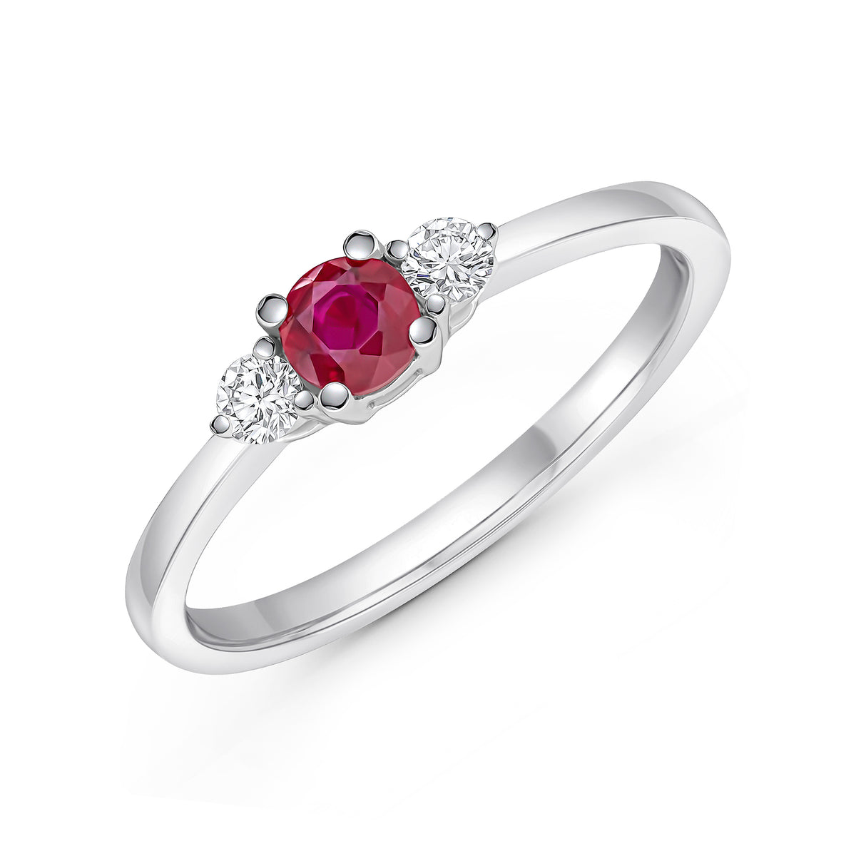 18WG 4MM ROUND RUBY & DIAMOND 3 STONE CLAW RING