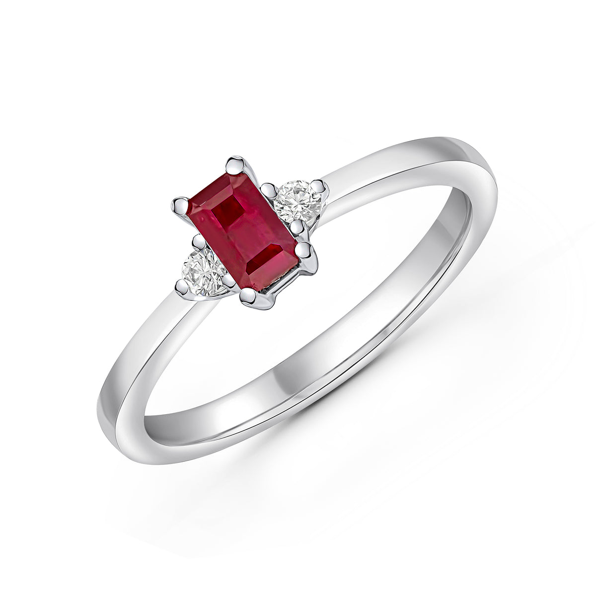 18WG 5X3 OCTAGONAL RUBY & ROUND DIAMOND 3 STONE RING