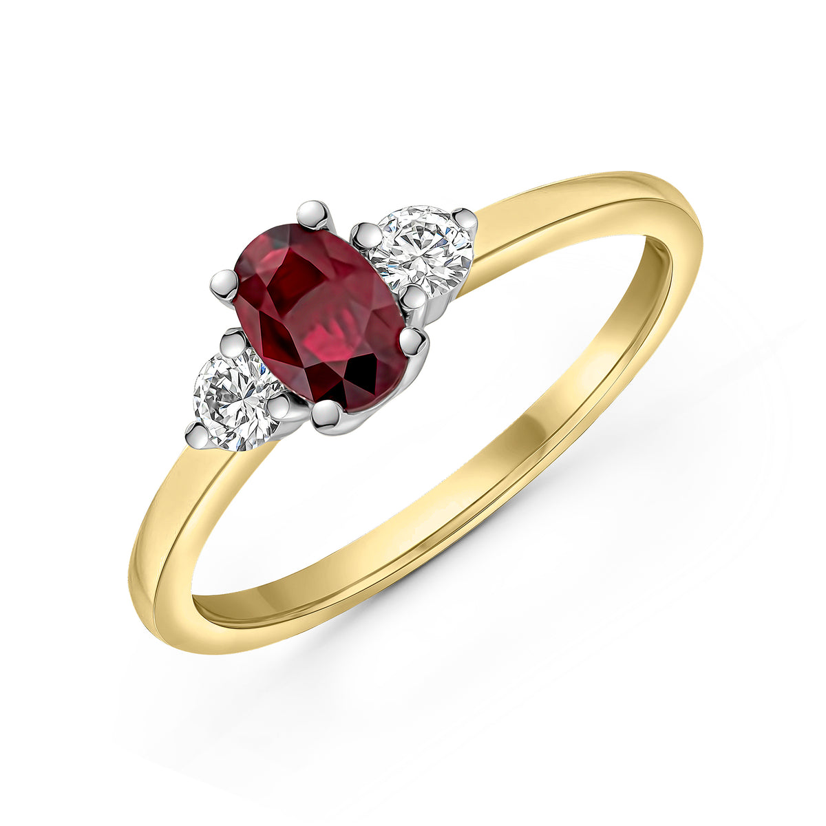 18CT YWG 6X4 OVAL RUBY AND ROUND DIAMOND CLAW SET 3ST RING