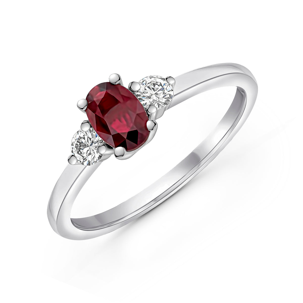 18WG 6x4 OVAL RUBY & DIAMOND 3 STONE RING