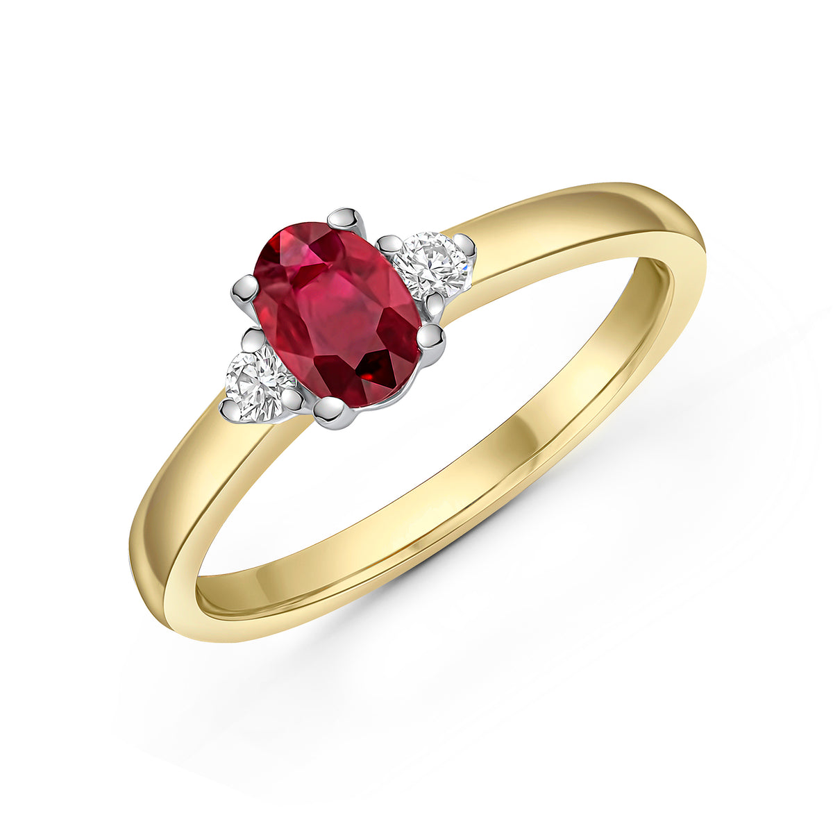18CT YWG 6X4 OVAL RUBY AND ROUND DIAMOND CLAW SET 3ST RING