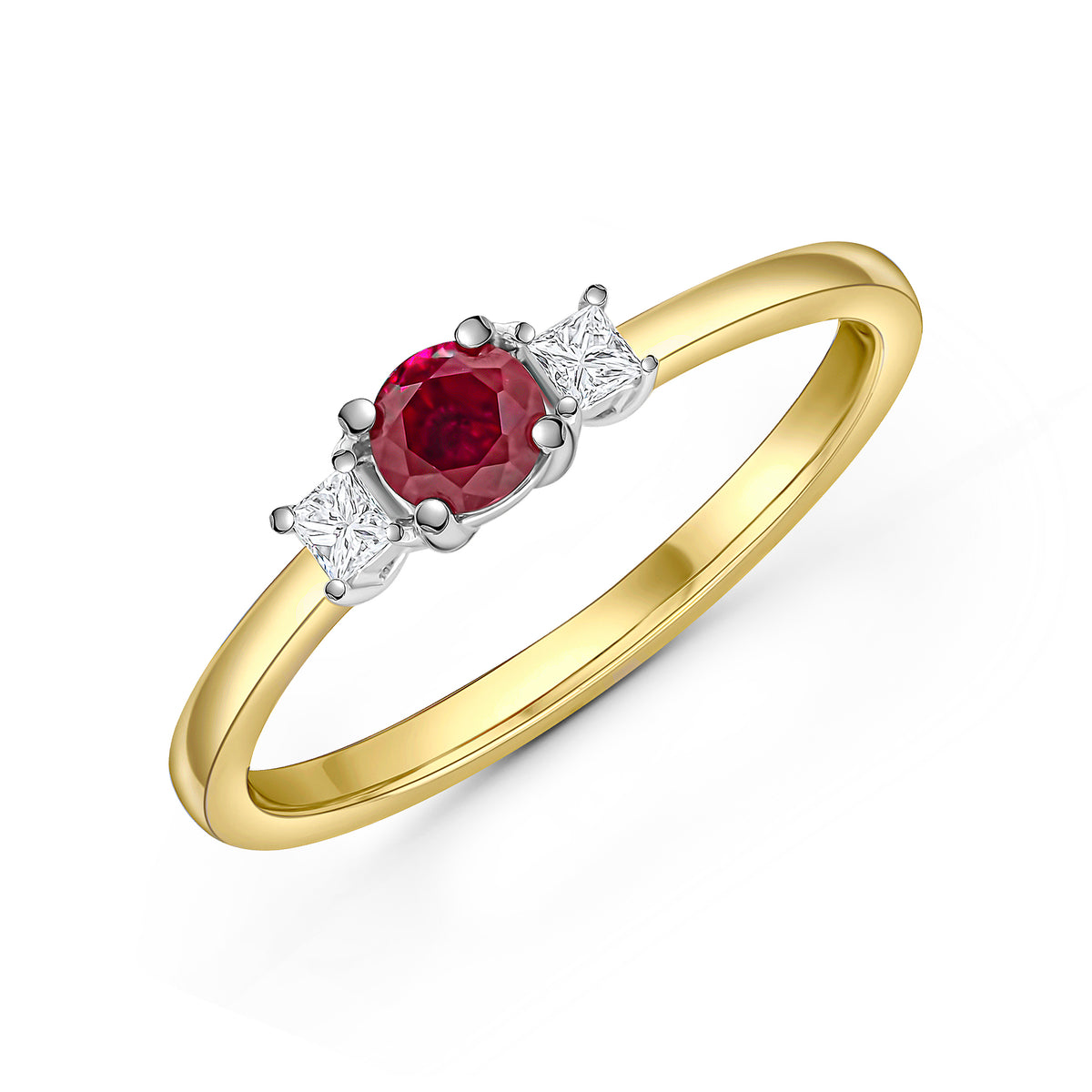 18CT YELLOW AND WHITE GOLD ROUND RUBY AND PRINCESS CUT DIAMOND CLAW SET 3ST RING