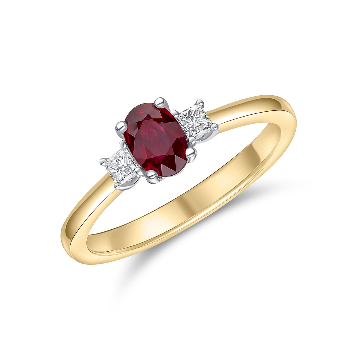 18CT YWG 6X4 OVAL RUBY AND PRINCESS CUT DIAMOND CLAW SET 3ST RING
