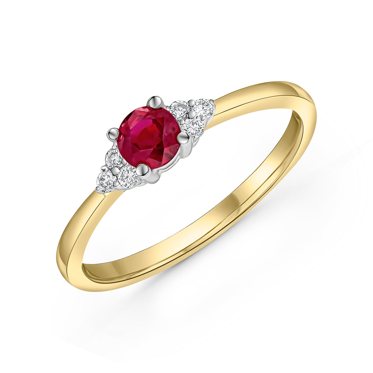 18CT YELLOW AND WHITE GOLD 4MM ROUND RUBY AND DIAMOND TREFOIL CLAW SET RING