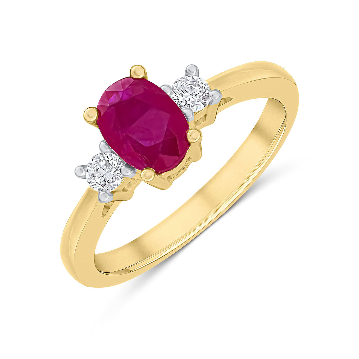 18CT YELLOW GOLD 7X5 OVAL RUBY & DIAMOND 3 STONE CLAW SET RING
