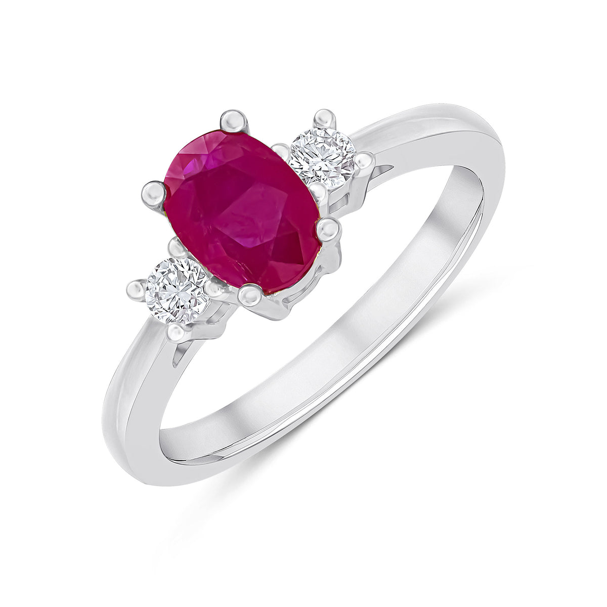 18CT WHITE GOLD OVAL RUBY & DIAMOND 3 STONE CLAW SET RING