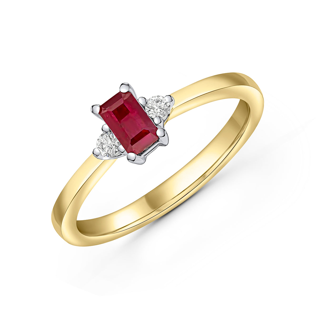 18CT YG 5X3 OCTAGON RUBY AND ROUND DIAMOND CLAW SET 3ST RING