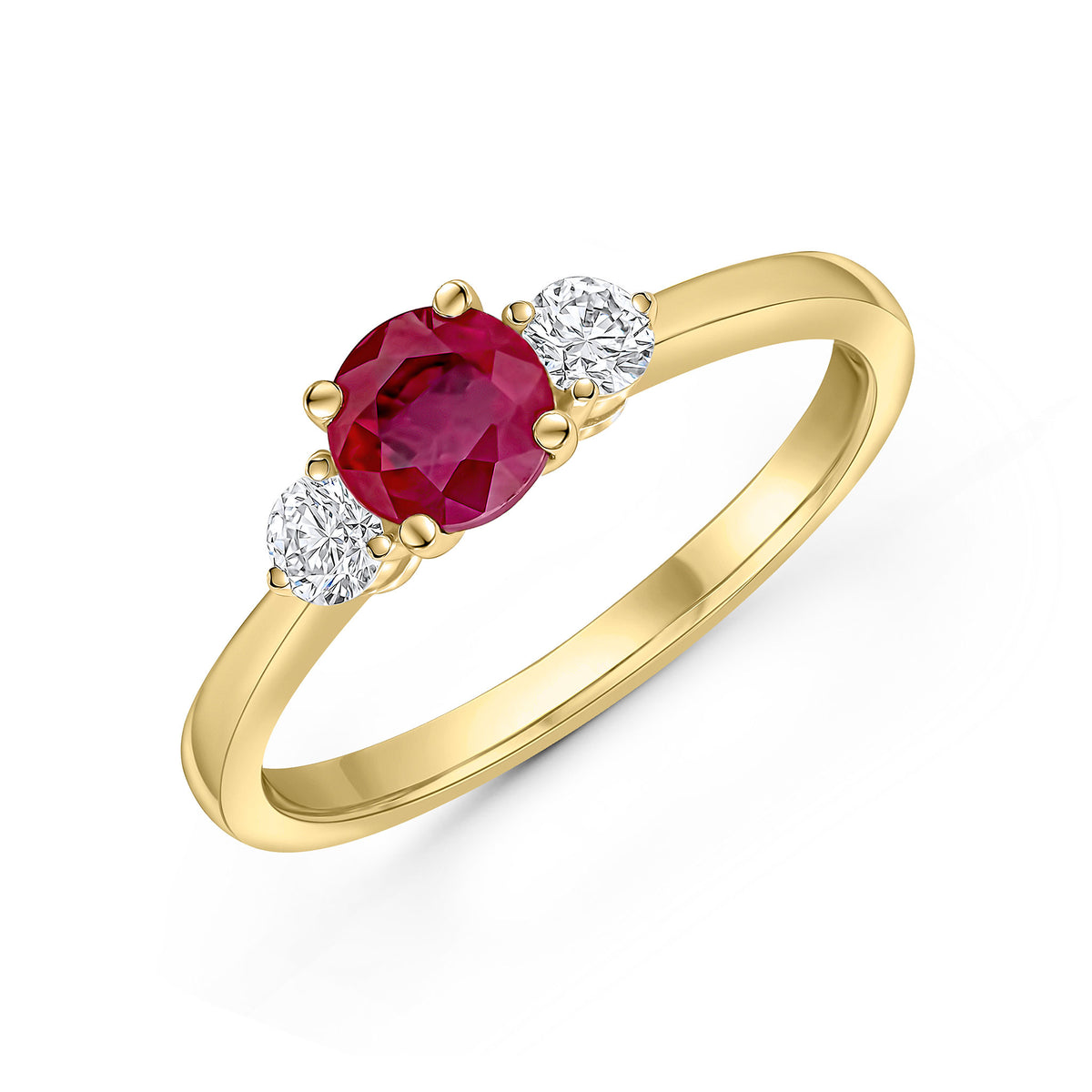 18CT YG 5MM ROUND RUBY AND DIAMOND CLAW SET 3ST RING