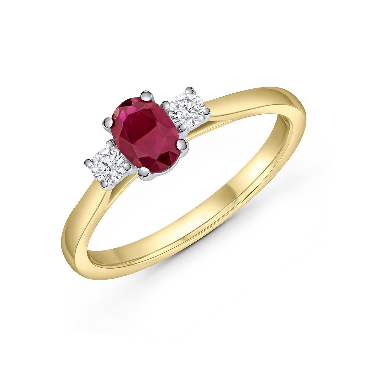 18CT YELLOW AND WHITE GOLD OVAL RUBY AND ROUND DIAMOND CLAW SET 3ST RING