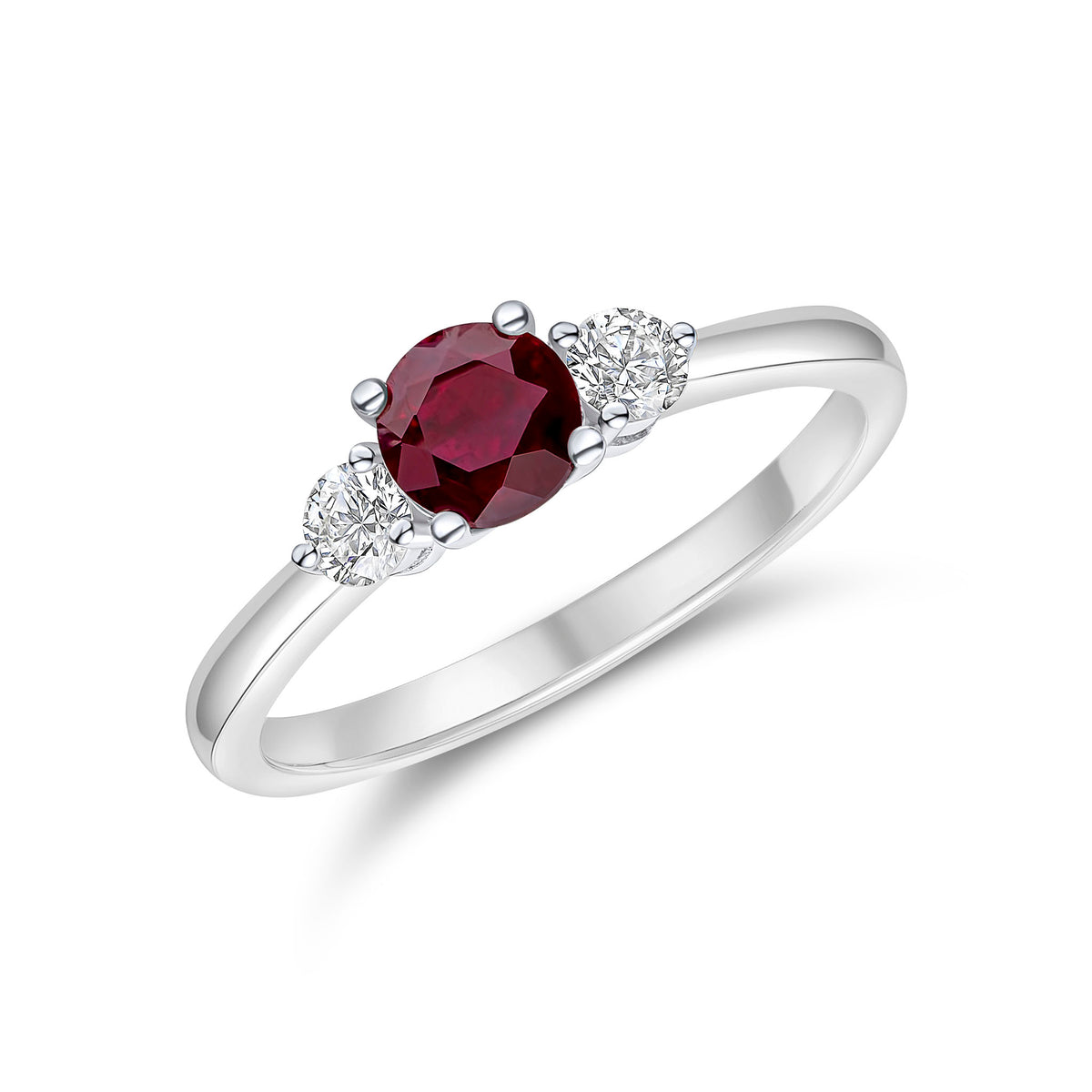 18CT WHITE GOLD 5MM ROUND RUBY AND DIAMOND CLAW SET 3ST RING