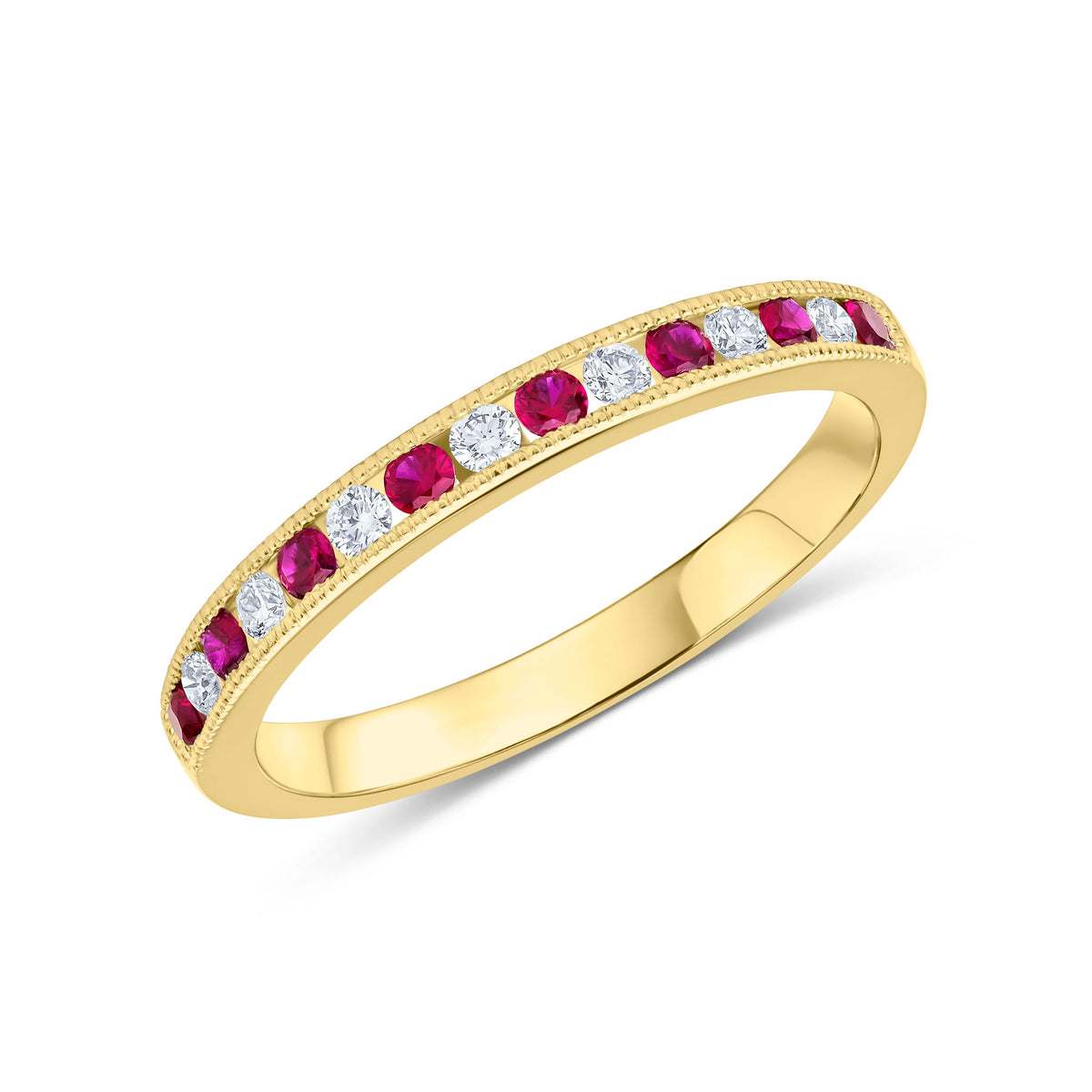 18CT YG ROUND RUBY & DIAMOND MILLEGRAIN SET 15ST ETERNITY RING