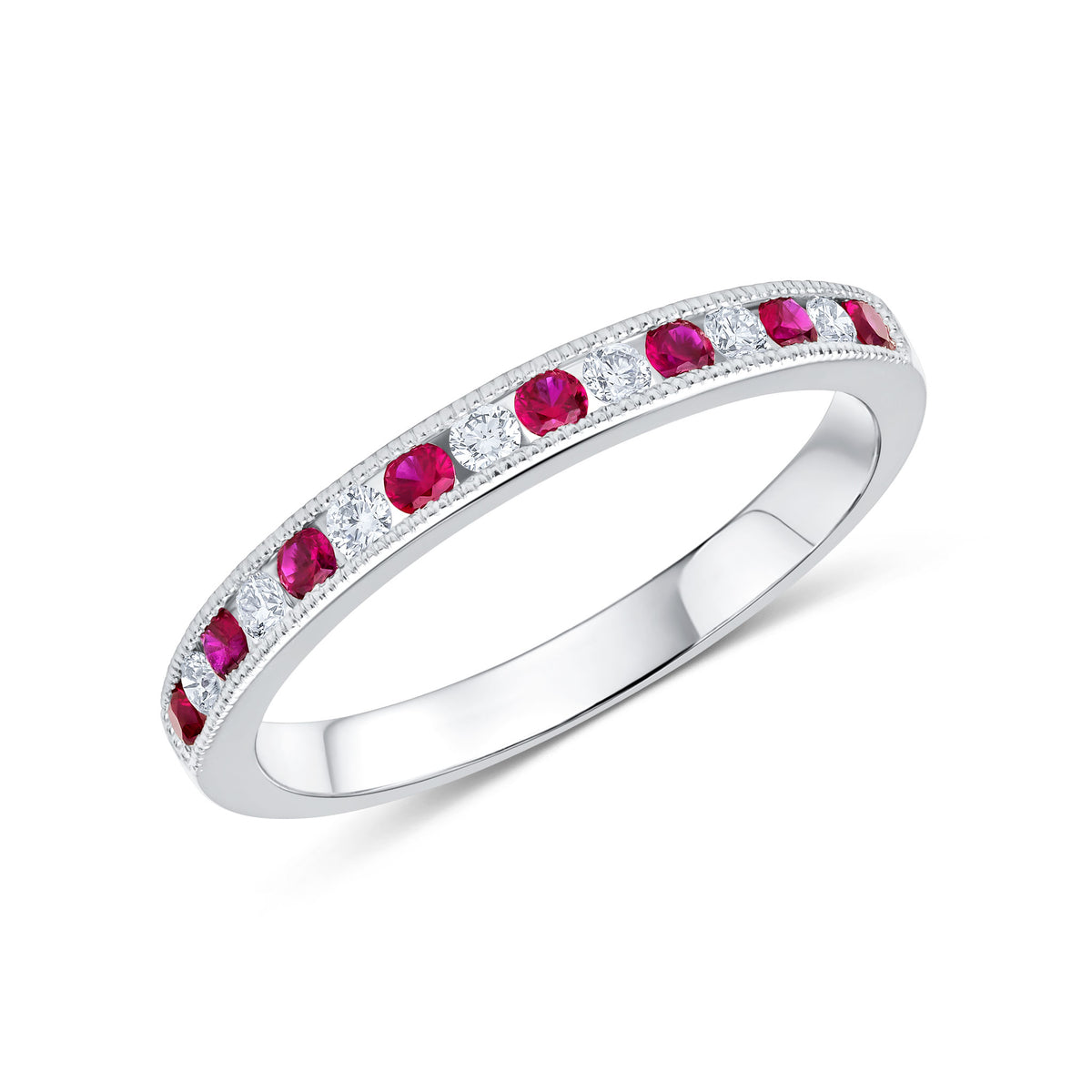 18CT WG ROUND RUBY & DIAMOND MILLEGRAIN SET 15ST ETERNITY RING