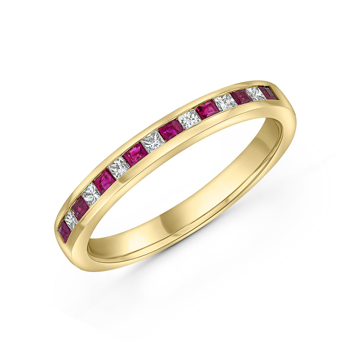 18CT YG SQUARE RUBY AND PRINCESS CUT DIAMOND CHANNEL SET 15ST ETERNITY RING