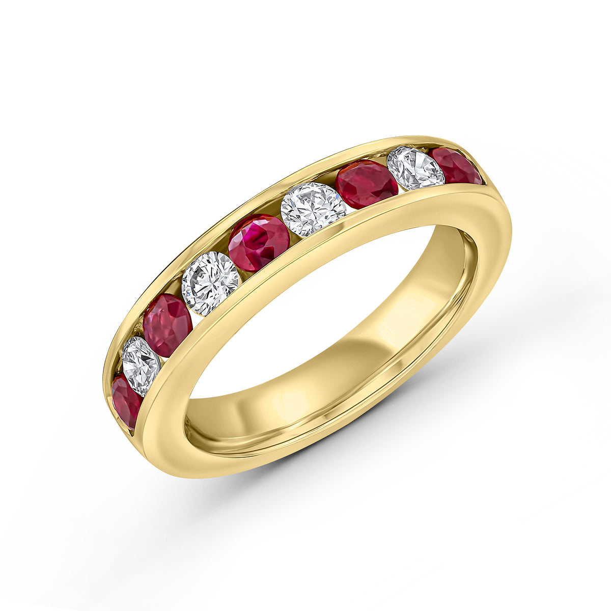 18CT YG ROUND RUBY AND DIAMOND 9ST CHANNEL SET ETERNITY RING