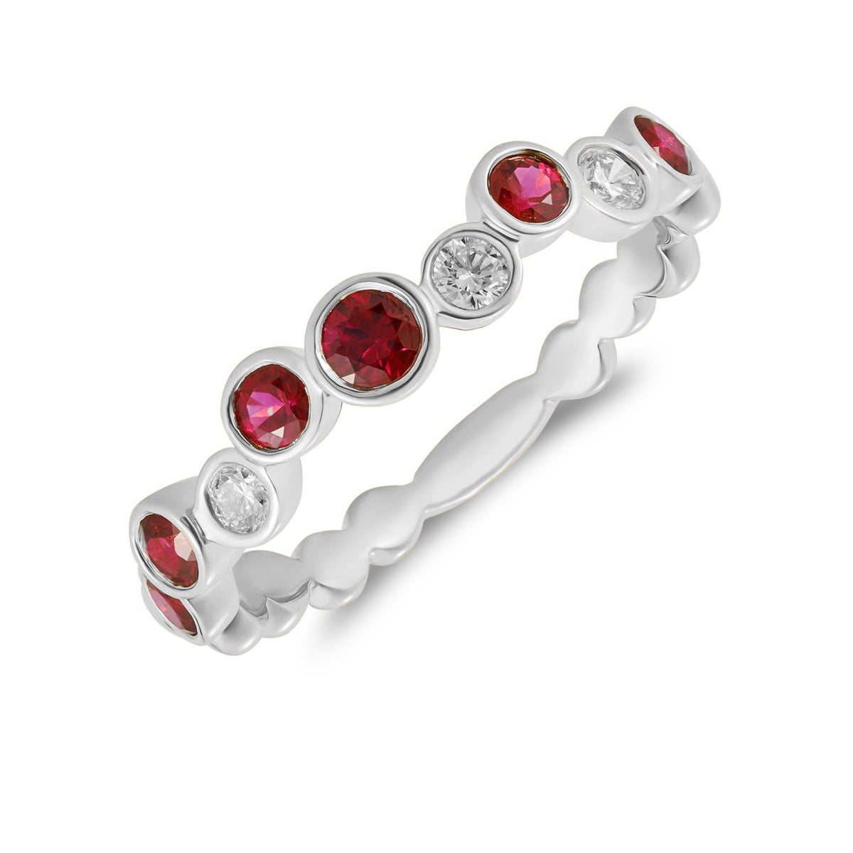 18CT WG ROUND RUBY & DIAMOND SINGLE ROW BUBBLE RING
