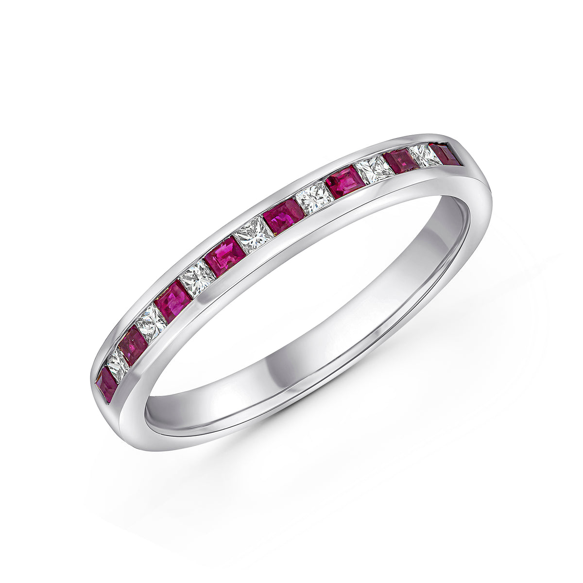 18CT WG SQUARE RUBY & DIAMOND CHANNEL SET 15ST ETERNITY RING