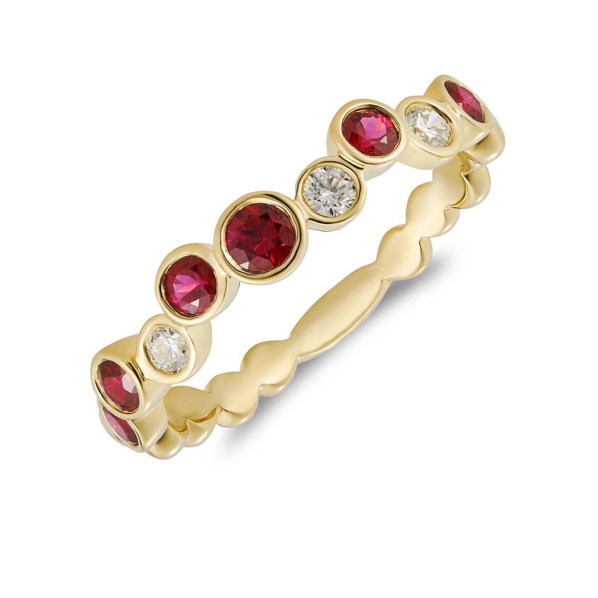 18CT YG ROUND RUBY & DIAMOND SINGLE ROW BUBBLE STYLE RING
