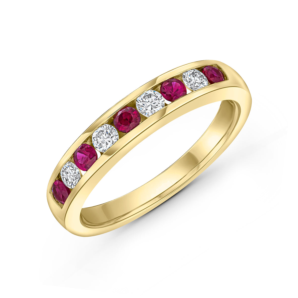 18CT YELLOW GOLD ROUND RUBY AND DIAMOND CHANNEL SET 9ST ETERNITY RING