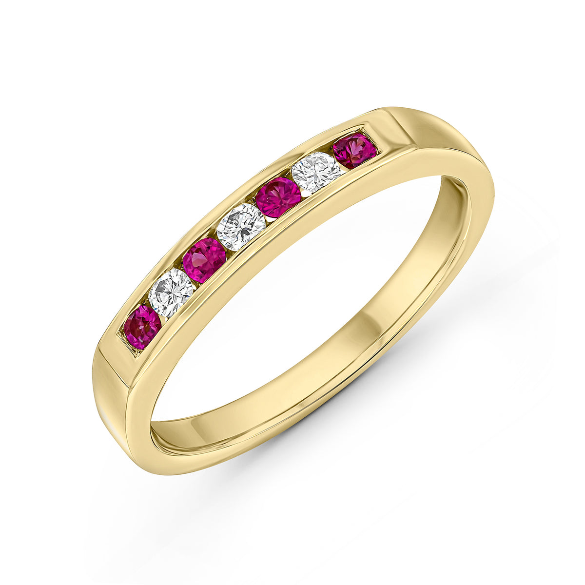 18CT YELLOW GOLD ROUND RUBY AND DIAMOND 7ST CHANNEL SET HALF ETERNITY RING