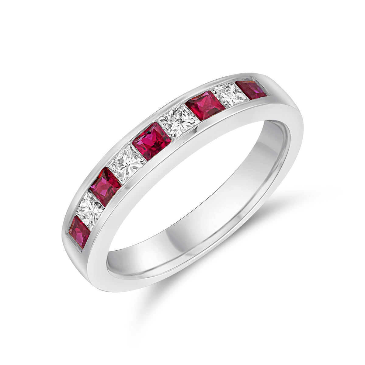 18CT WG SQUARE RUBY & PRINCESS DIAMOND 9ST CHANNEL SET HALF ETERNITY RING