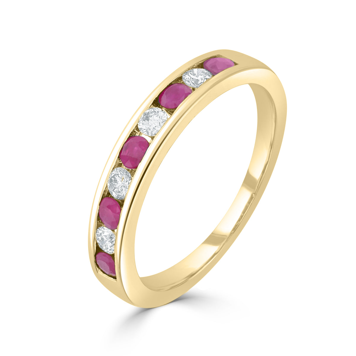 18CT YELLOW GOLD ROUND RUBY & DIAMOND 9 STONE CHANNEL SET RING