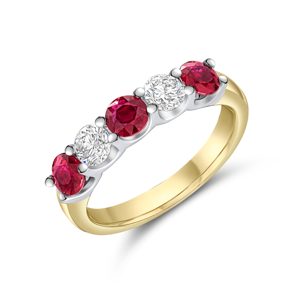18CT YELLOW AND WHITE GOLD ROUND RUBY AND DIAMOND 5ST CLAW SET RING