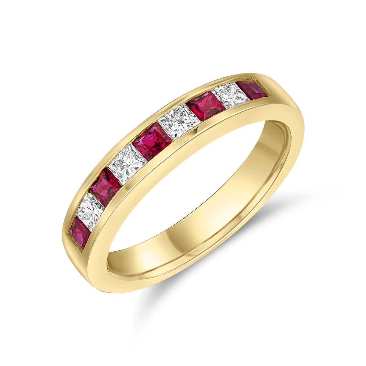 18CT YELLOW GOLD SQUARE RUBY AND PRINCESS CUT DIAMOND CHANNEL SET 9ST ETERNITY RING