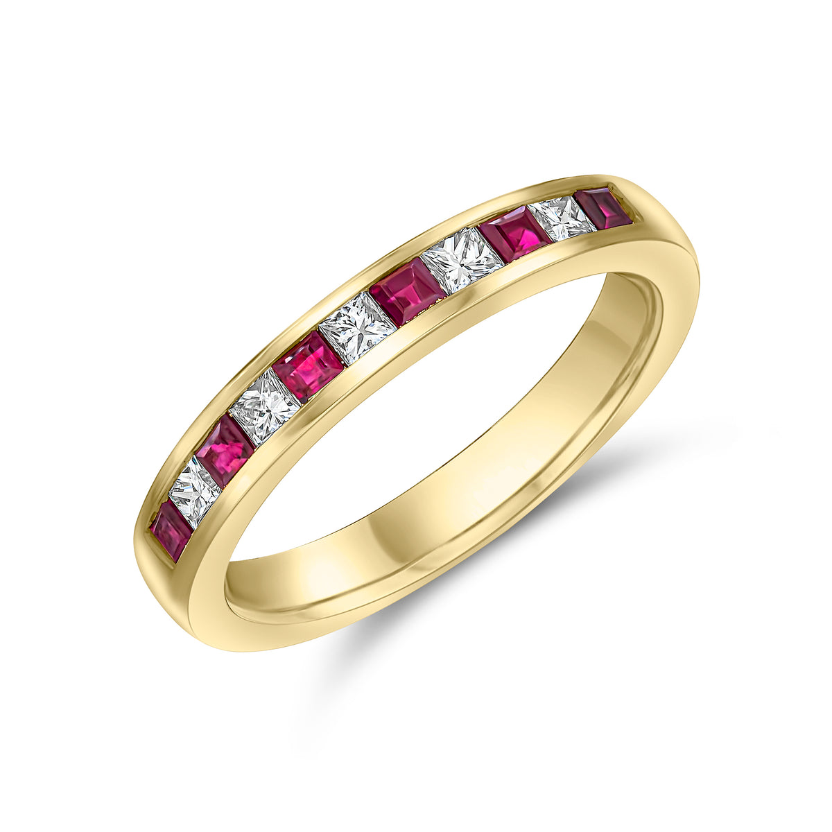 18CT YELLOW GOLD SQUARE RUBY AND PRINCESS CUT DIAMOND 11 STONE CHANNEL SET 1/2 ETERNITY RING