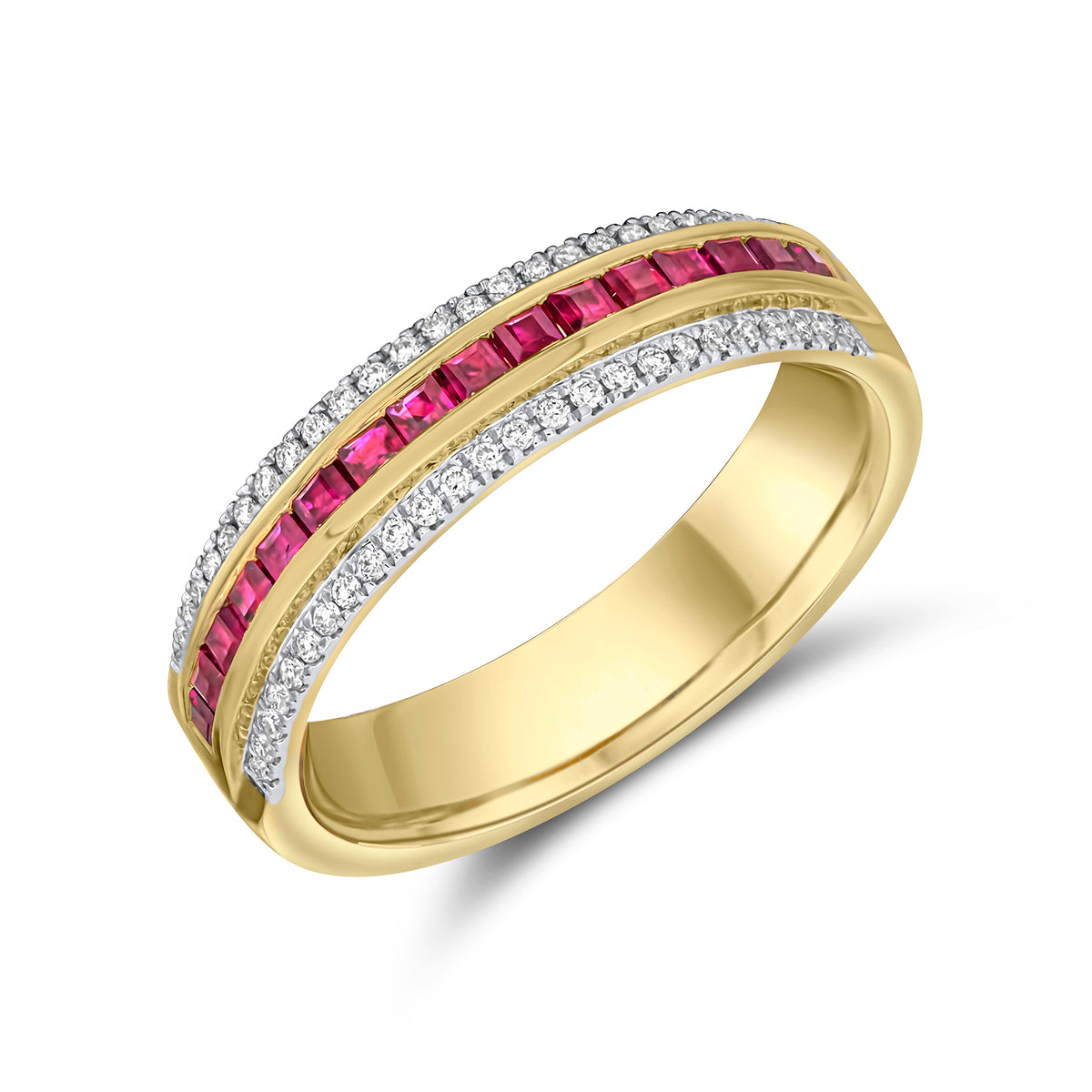 18CT YELLOW GOLD 16X CHANNEL SET SQUARE RUBY AND CLAW SET DIAMOND 3 ROW BAND RING