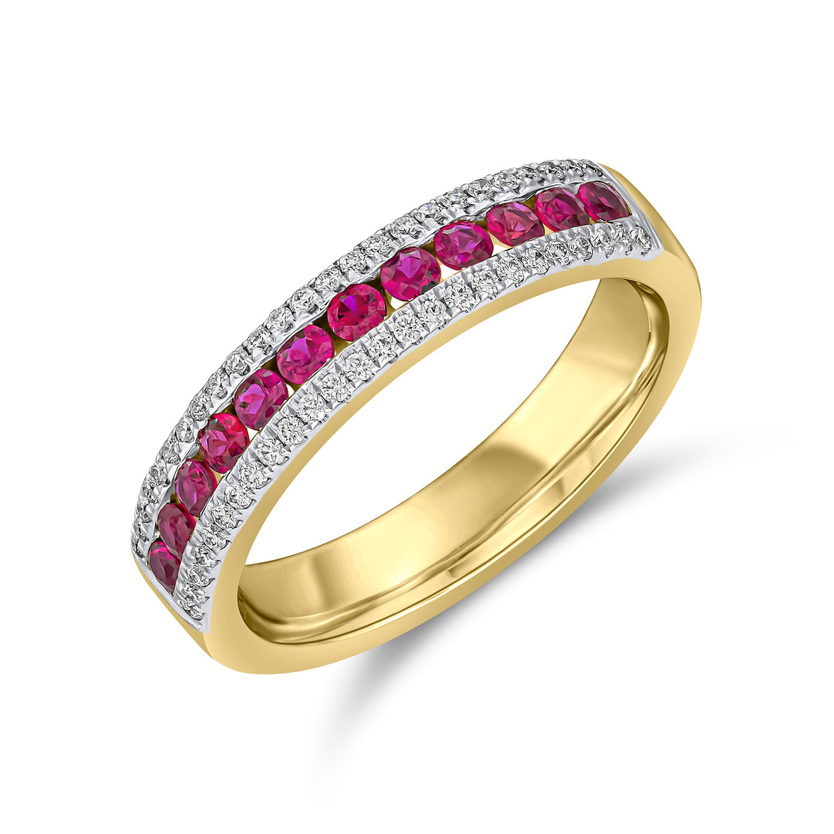 18CT YELLOW GOLD 12X ROUND RUBY AND ROUND DIAMOND 3 ROW BAND RING